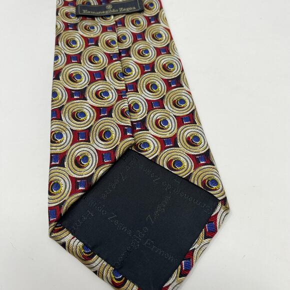Ermenegildo Zegna Red Gold Circle Blue Square Pattern 58"x3.5" Silk Tie - Picture 2 of 6